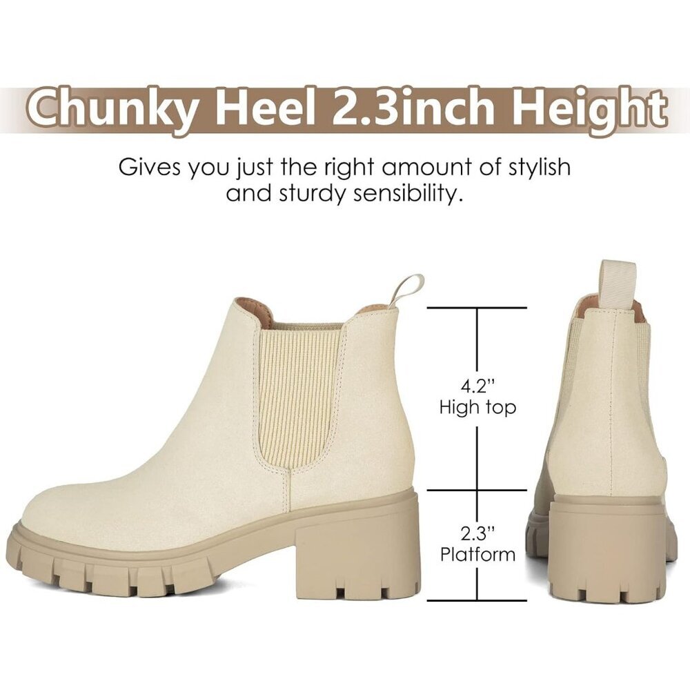 Women's Chelsea Boots Fashion Lug Sole Chunky Heel Slip on Ankle Booties Beige - Picture 3 of 6